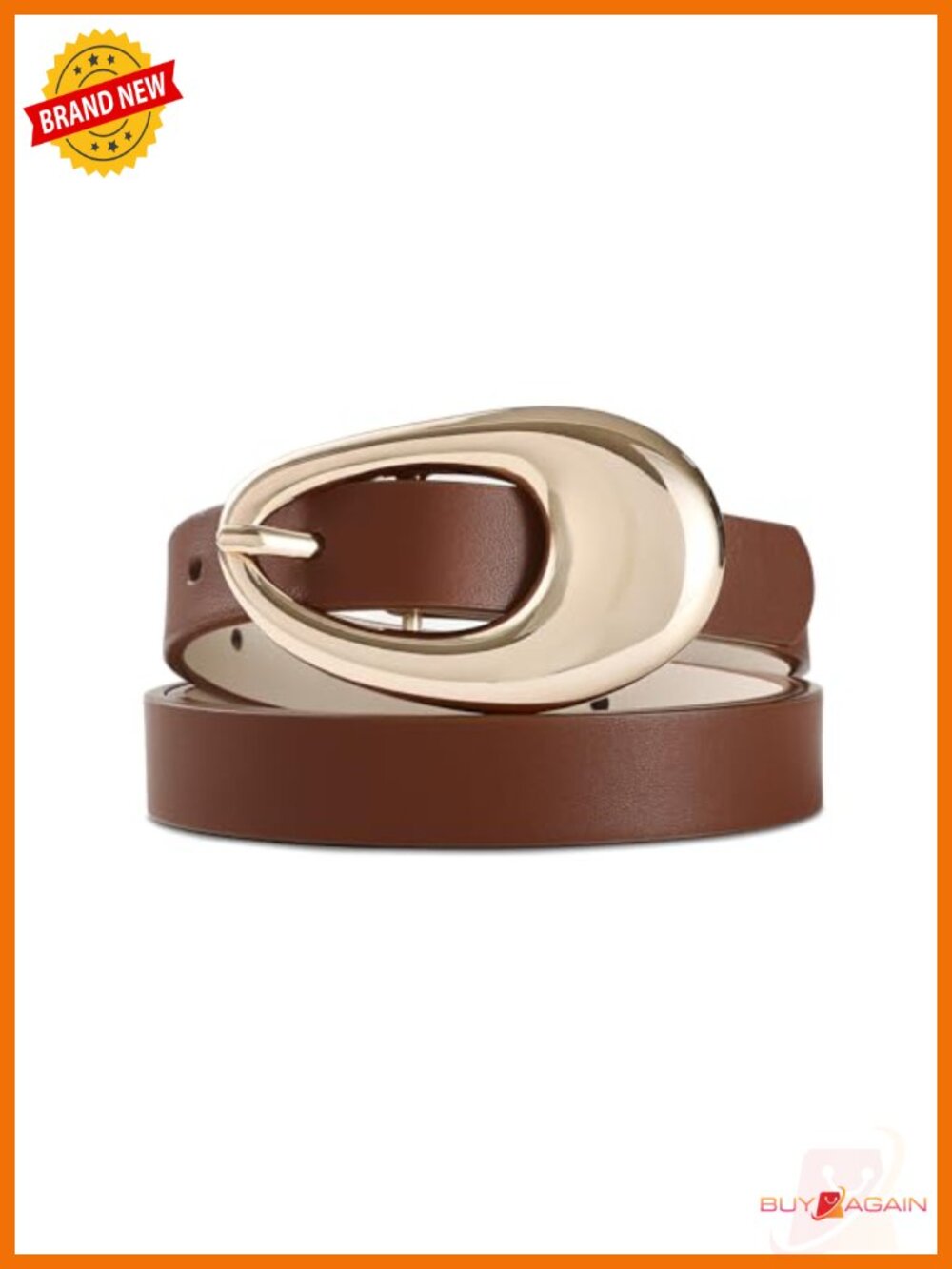 Genuine Leather Belt with Oval Gold Metal Buckle - Picture 1 of 6